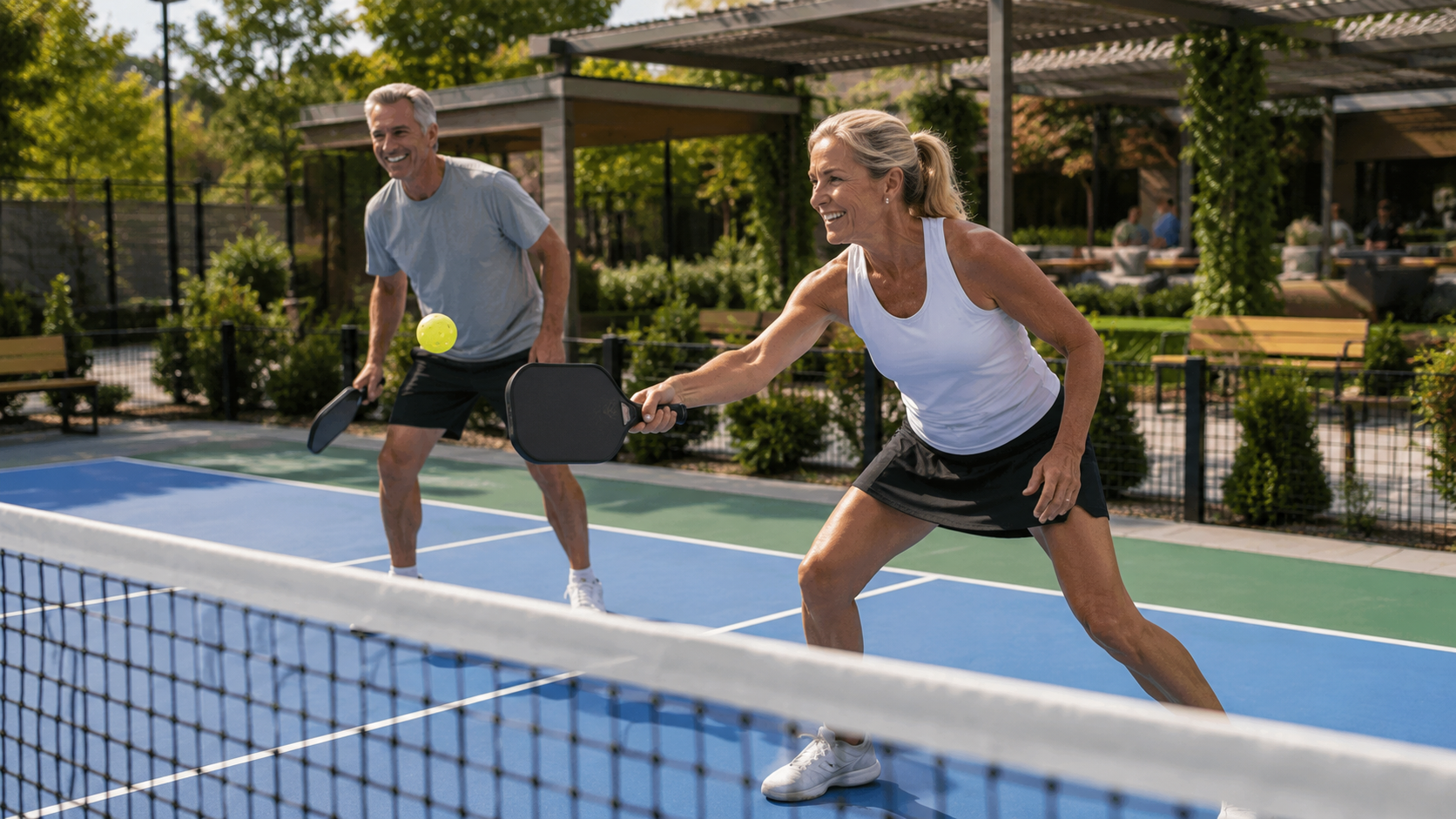 Résidents 55+ jouant au pickleball au complexe Zenia